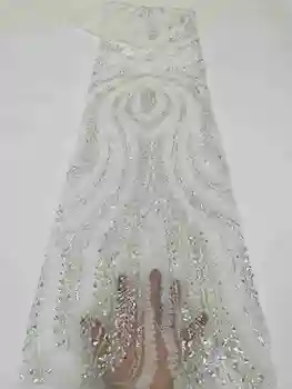 Лейси плат, ръчно изработени beaded 5 ярда за сватбени рокли Африка тюл Окото Пайети 2023 Висококачествени френски окото мъниста с пайети