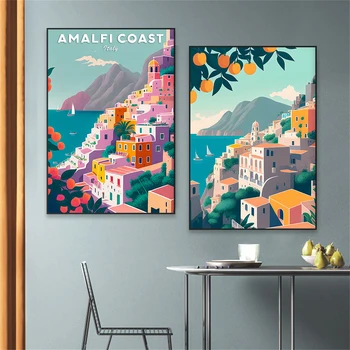 Италия Инфинити Принт Крайбрежието на Амалфи Плакат пътуване Цветни градски плакат на природата Платно картина Начало декор за хола Стени на Изкуството