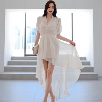 2023 Лятното Модно Шифоновое нарушения на сърдечния Дълга рокля на Корейския Дизайнер, Женствена рокля с V-образно деколте, Къс ръкав, Висока Талия, Офис Рокля в стил 