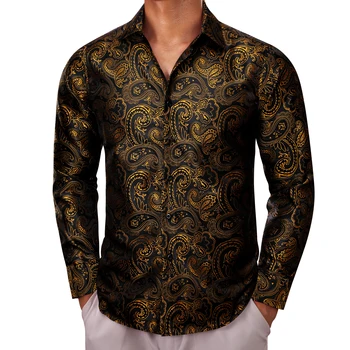 Дизайнерски ризи за мъже, Копринени, с дълъг ръкав, Златисто-кафяви, с петна Вратовръзки, Панталони, Мъжки Блузи, Ежедневни вечерни блузи, дишащи Бари Уонг
