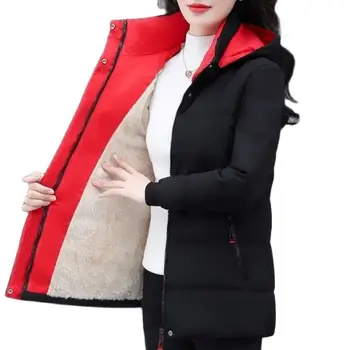 Свалящ парка с качулка, ветрозащитная сако, дамско зимно яке, плюшевое и утолщенное висококачествено дамско късо памучни палто в стил мозайка