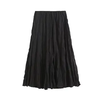 2023 нова лятна дамска мода с висока талия, лесна и универсална плиссированная черна пола трапецовидна форма, дълга пола