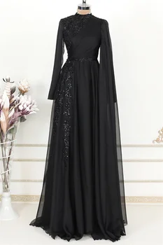 Елегантна вечерна рокля с висока яка и лъскави аппликацией Дължина до пода, Луксозно рокля, мюсюлманската вечерна рокля