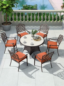 Градинска маса и столове, открит двор, маса и столове от алуминий, седалка за почивка на вила, на мраморна маса, тераса