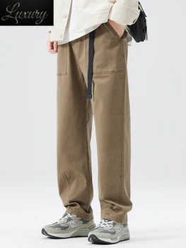 2023 Нови Есенни Мъжки Ежедневни панталони от однотонного выстиранного памук, Достатъчно Широки панталони за мъже, прави панталони-карго с каишки