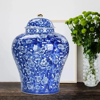 Керамична ваза за цветята слива в китайски стил, банка за джинджифил с капак, глазирани азиатски декор