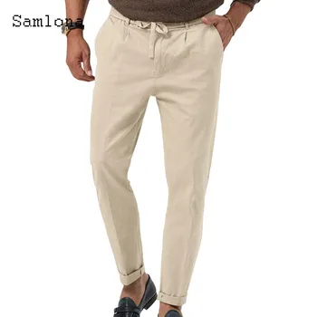 Samlona 2023 Мъжки Елегантен Модерен Панталон-молив, Обикновена панталони цвят Каки и Бели панталони по щиколотку, Големи Размери, Мъжки Ежедневни спортни панталони на съвсем малък