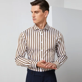 Мъжка класическа риза с дълъг ръкав и деколте, без джобове, качествени, удобни бизнес риза в райе от 100% памук