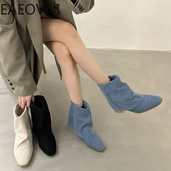 Зимни дамски ботильоны син цвят, изработени от деним, модни обувки, без закопчалка на ниски токчета, дамски къси ботильоны в уличном стил