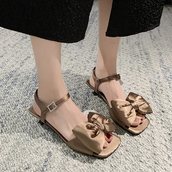 BCEBYLNew, обикновена сандали на висок ток с отворени пръсти и лък, летни Елегантни и ежедневни дамски обувки на нисък ток за партита