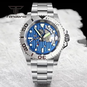Tandorio 40 мм Рокля от неръждаема стомана, 20 бар Кухи циферблат NH35A Мъжки автоматичен часовник С Дата, Въртящи Bezel, Сапфирен кристал, Светещи
