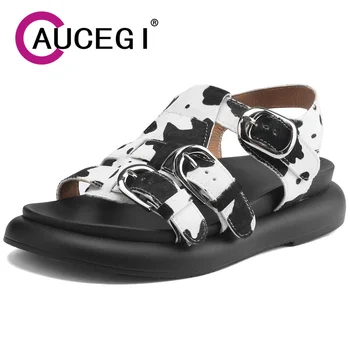 Aucegi/ Дамски Сандали-за ролята на държавата в плоска платформа и масивна Обувки От качествена кожа, с Кръгли Пръсти, Лятна Мода Ежедневни Обувки с Катарама Starp