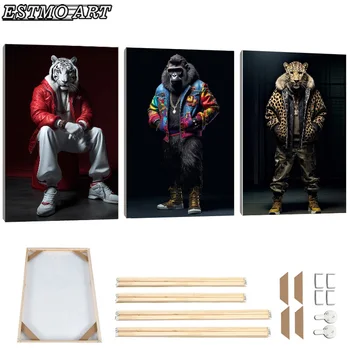 Gorilla, Тигър, Леопард в стил хип-хоп, Пуловер, Живопис върху платно, Абстрактно изкуство, Плакат с животни, Креативен Стенен декор за дома