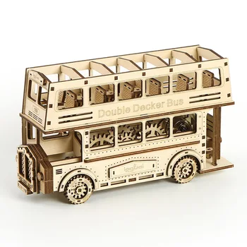 3D Дървени Пъзели Двуетажен автобус Модел на Дървен строителен блок Комплекти САМ Сглобяване на Пъзел забавление за деца и възрастни за Събиране на Подаръци