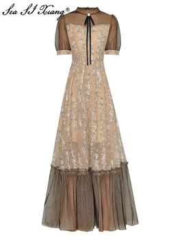 Seasixiang, Модерно дизайнерско Лятото сетчатое рокля, Секси рокля с кръгло деколте, къс ръкав, бродерия на пайети, Реколта Дълги рокли