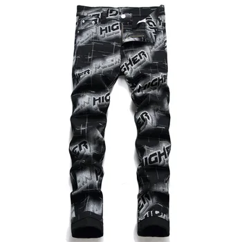 Мъжки Дънки с писмото цифрово принтом, Модни Черни Дънкови панталони-участък, Тесни зауженные панталони по-високо качество