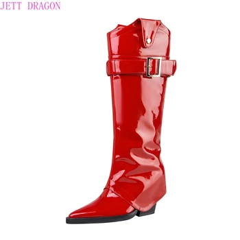 Модни високи ботуши на танкетке Голям размер на 43 Дамски обувки с катарама на колана си, червени модерни обувки с остри пръсти, за дами, ежедневни обувки
