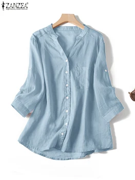 ZANZEA Лятна Корейската Мода в памучна риза, Дамски Обикновен потник с V-образно деколте, Дамски Ежедневни Свободни Блузы, Елегантна риза копчета 2023