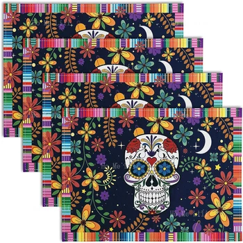 Тенис на мат с череп в Деня на смъртта в мексикански стил, цветна декорация от салфетка с виртуален скелет, предмети от домашна кухня на Хелоуин