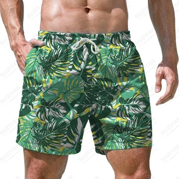 Летни нови мъжки плажни шорти с 3D принтом тропически растения, мъжки къси панталони в разговорния стил за отдих, модерен мъжки къси панталони