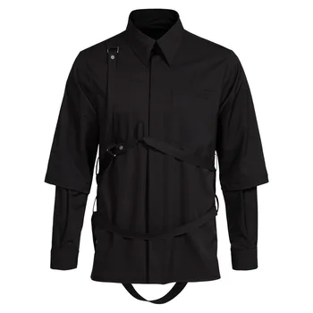 Готическата тъмната серия, черен колан, фалшив мъжки рокля-риза от две части, Ежедневни Свободни ризи с отложным яка и дълги ръкави M-5XL