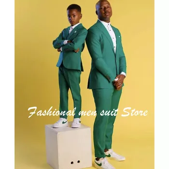Зелени Мъжки костюми за Баща И Син, С Козирка и Ревери, Смокинги за Младоженеца и бала, Оборудвана Блейзър на Поръчката, 2 броя, яке + Панталон