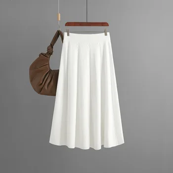 Елегантни драпирани плетени поли Midi за жени, есен-зима, Висококачествени, Фини поли трапецовидна форма, Дамски ежедневни бели поли, дрехи
