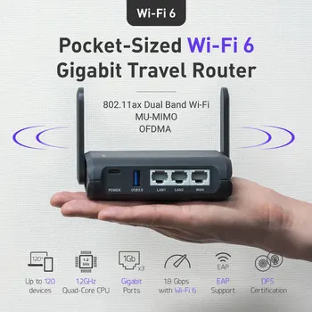 GL.iNet GL-AXT1800 (Slate AX) Джобен пътен рутер, Wi-Fi, 6 Гигабита, VPN клиент и сървър, OpenWRT, Adguard Home