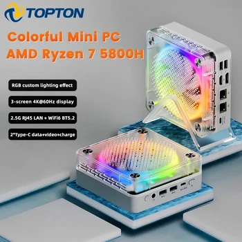TOPTON Ice Soul Series 2.5 G Мини КОМПЮТЪР с две локални мрежи AMD Ryzen 7 7735HS 5800H 8 Ядра RGB Light NVMe Mini Gamer PC Компютър 3x4 K WiFi6