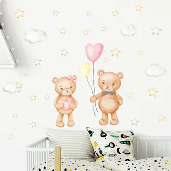 Винилови стикери за стена с мультяшными животни за детска стая, етикети на балони с мечи сърце за декорация на дома, в детската спалня