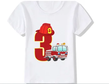 Сладък детски дрехи, готина тениска с номера машини Пожарникар от 2 до 9 години, Тениска честит Рожден Ден, За момчетата, бели върхове