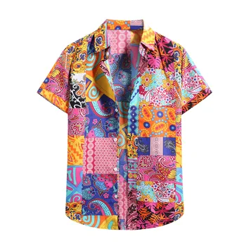 Мъжки хавайски ризи реколта в етнически стил с решетъчен принтом, Ежедневни градинска дрехи, яка с къс ръкав, Свободна мъжка риза, Тениска Оверсайз