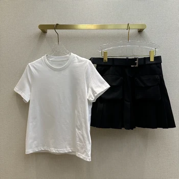Пролетно-летния нов комплект, тениска с логото и плиссированная пола с джобове, набор от лесно сочетаемых728