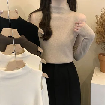 2023 Корейски Пуловер, Женски Случайни пуловер с открити рамене, Монофонични Есенно-зимния Топъл мек модерен жилетка с дълги ръкави