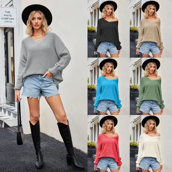 2023 есен и зима, нов дамски модерен пуловер с V-образно деколте, размер плюс, секси пуловер, пуловер