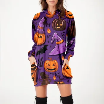 Жена Пуловер с дълъг ръкав и принтом на Хелоуин, Свободен джоб с качулка, детска мек вълнен плат Пуловер