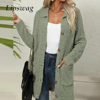 Модерен дамски Однобортная горна дреха с дълъг ръкав, есен-зима, джоб с ревери, Плюшена Жилетка Midi, Ежедневното дамско палто однотонное