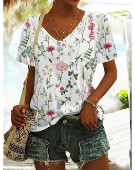 Реколта модни дамски тениски с къс ръкав, лятна жилетка с 3D цветен принтом, дамски топ, ежедневни градинска облекло Y2K