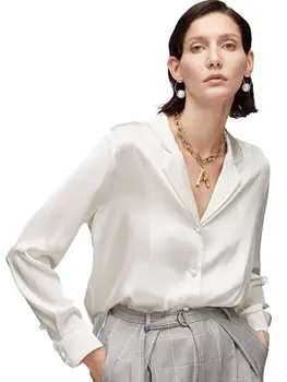 Сатен риза с ревери за жени 2023, нова бяла риза с дълги ръкави, за да пътуват до работа, монтиране топ голям размер, есенен дамски дрехи