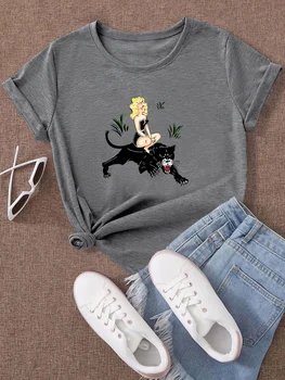 Тениска с творчески принтом за момичета с леопардовым принтом, памук, харадзюку, готически стил гръндж, естетична модни Дамски ежедневни тениска с къс ръкав
