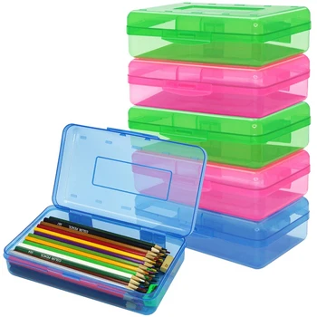 6 Опаковки Пластмасови пеналов различни цвята, прозрачен молив случай за моливи на едро с защелкивающейся капак
