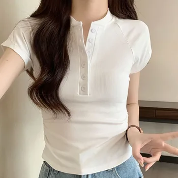 2023 Лятна Бял Памучен Тениска Дамски Корейската Мода С Кръгло Деколте Основни Съкратен Върховете Ежедневни Ризи с къс ръкав Дамски Тениска Femme