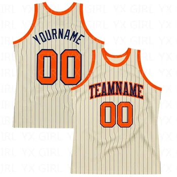 Обичай тъмно синьо в тънка ивица оранжеви автентични баскетболни потници-тениски за мъже, Джърси, персонални топ Унисекс отбор по пошиву