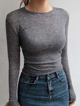 Висококачествена однотонная тениска, дамски памучни разтеглив основни тениски, дамски ежедневни блузи с дълъг ръкав, сексуална тънка фланелка, бистра