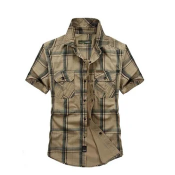 Модерна лятна риза, Изпъстрен ризи с къс ръкав, Мъжки каре Памучни ризи в стил Милитари, Луксозна марка дрехи, Жилетка Размер Плюс M-5XL