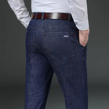 Есенно-зимни мъжки бизнес плътни дънки, модерни ежедневни класически Свободни преки дънкови панталони, Мъжки маркови панталони