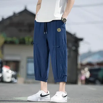 Мъжки панталони Harajuku Harun 2023, японски Летни памук, ленени панталони за бягане, Мъжки спортни панталони в китайски стил в стил ретро