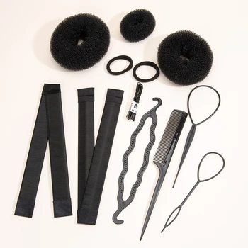 12 Бр. Инструменти За Плетене Прически САМ Hair Bun Maker Комплект с Две Еластични ленти за Коса, 3 Бр. U-образна Шнола за Коса във формата на Поничка
