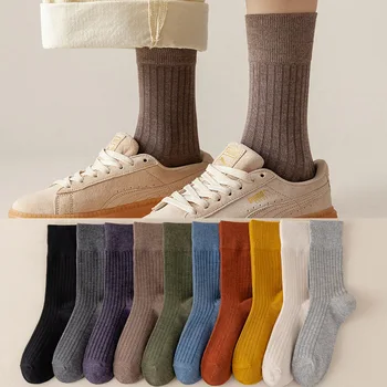 Дамски памучни чорапи на райета, есен-зима, Дълъг чорап, меки дишащи обикновена чорапи със средна дължина, възли удобни ежедневни