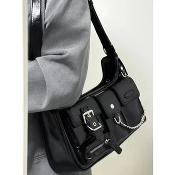 Xiuya Y2k Мото Байкерские чанти за жени 2023, Готическата Мода Градинска чанта през рамо, Черно Случайни портфейл за монети от лачена кожа